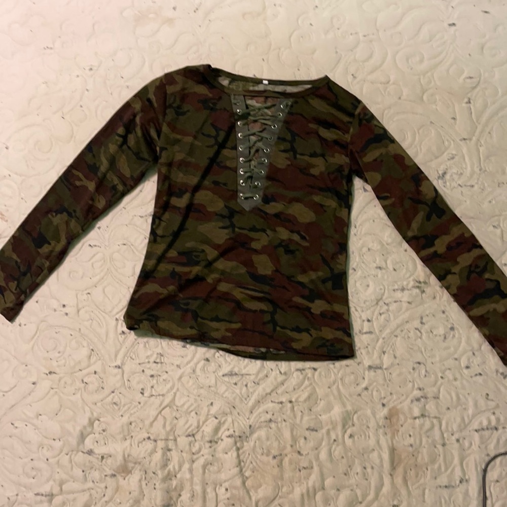 Lace Up Camouflage T Shirt - Army Green Medium